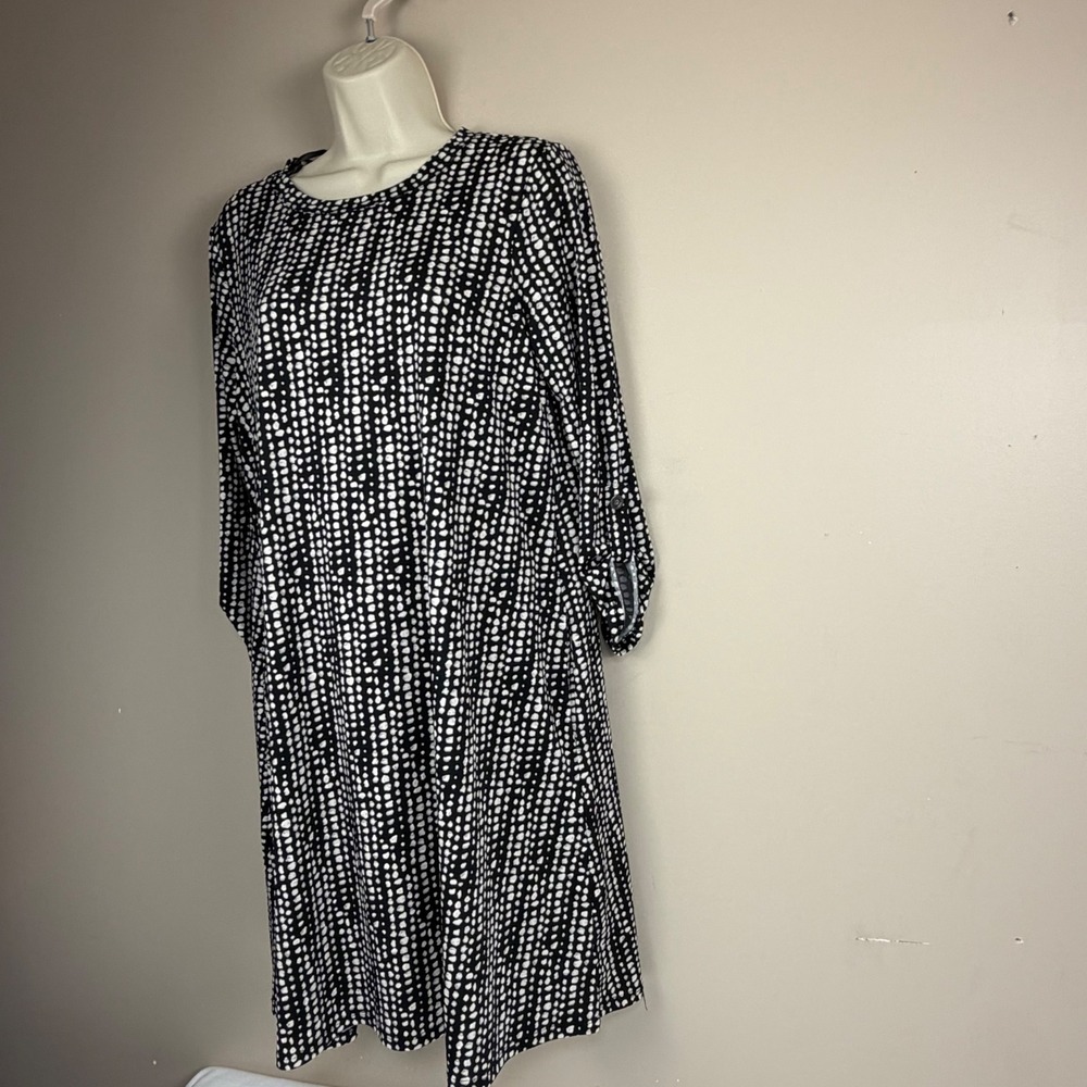 Apt. 9 Womens Black White Abstract Dot Roll Tab Sleeve Shift Dress Pockets M